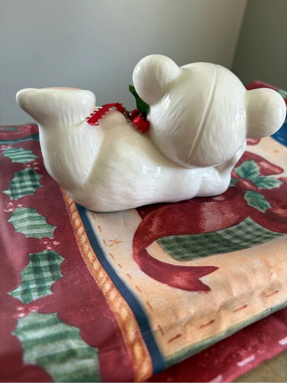 Vintage Christmas White Ceramic Teddy Bear Figurine Retro Decor Holiday Mantle